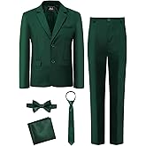 A&J DESIGN Boys 5-Piece Formal Suit Set with Jacket, Dress Pants, Tie, Bowtie and Pocket Square