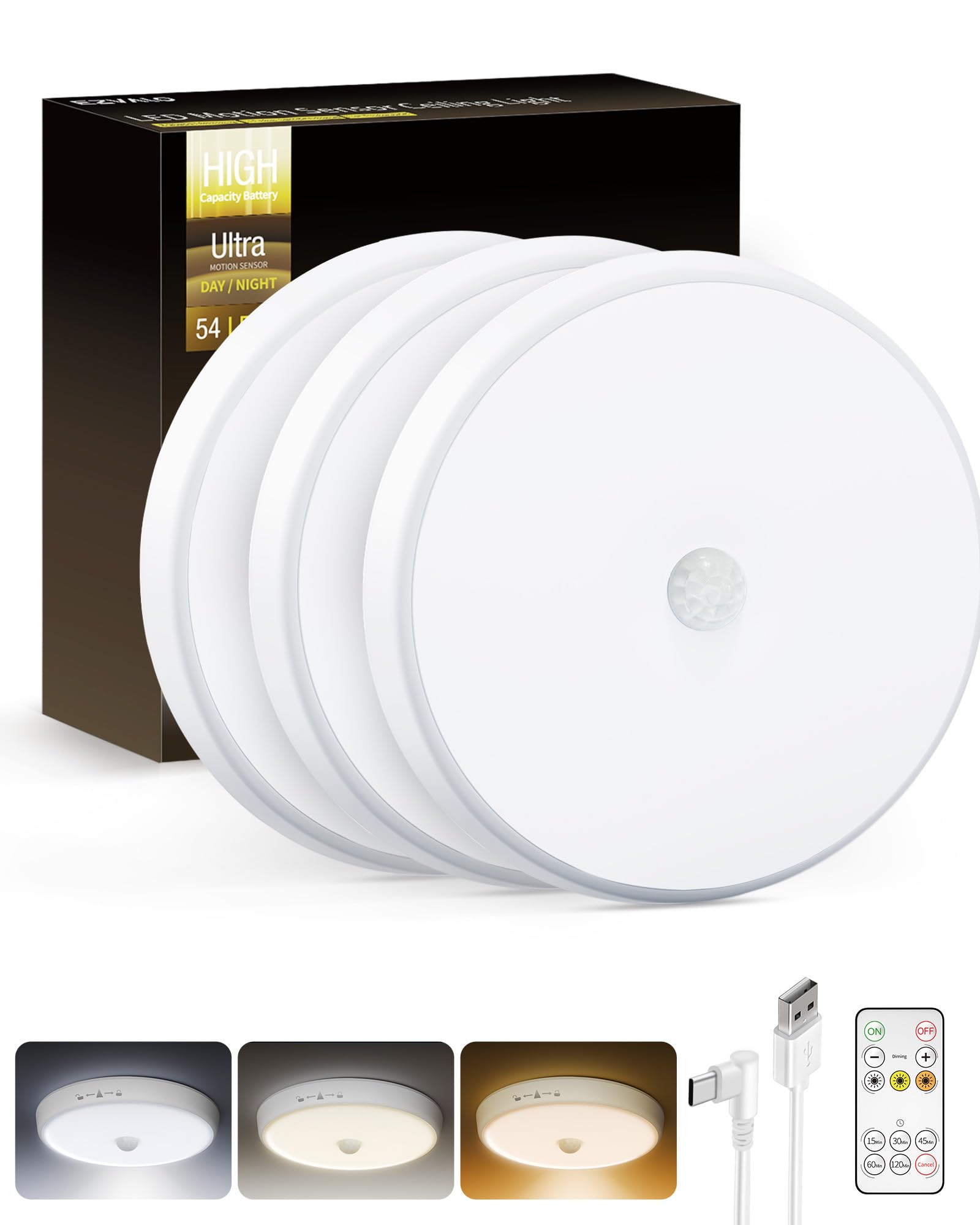 Photo 1 of Motion Sensor Light Indoor, 3-Pack, 10000mAh, 7.1inch, 400LM, Remote Control, Dimmable, LED, Flush Mount, Wireless, Rechargeable, Battery Operated, Cordless, Ceiling Light, Closet Light, No Wiring