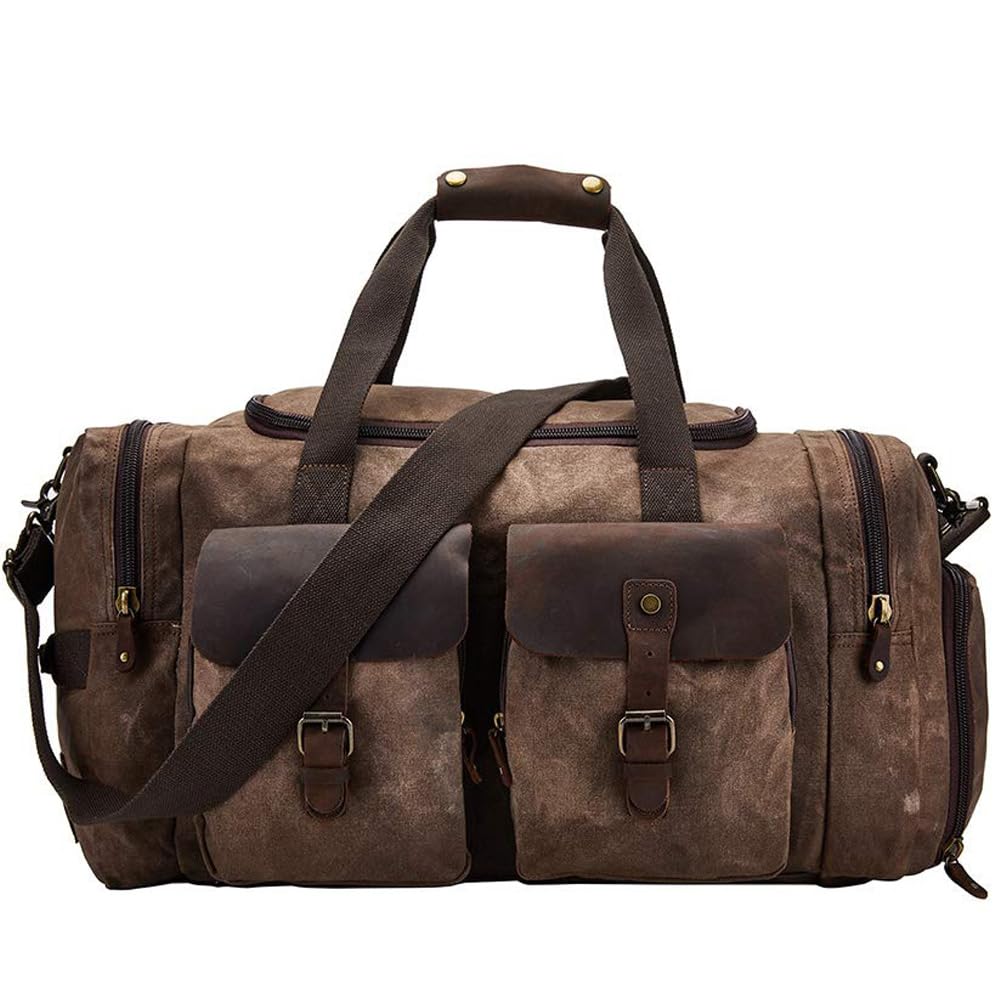 BRASS TACKS Leathercraft Waxed Canvas Duffel Bag Vintage Waterproof Overnight Duffel Weekend Travel Bag for Men Women with Shoes Compartment(Dark Brown)