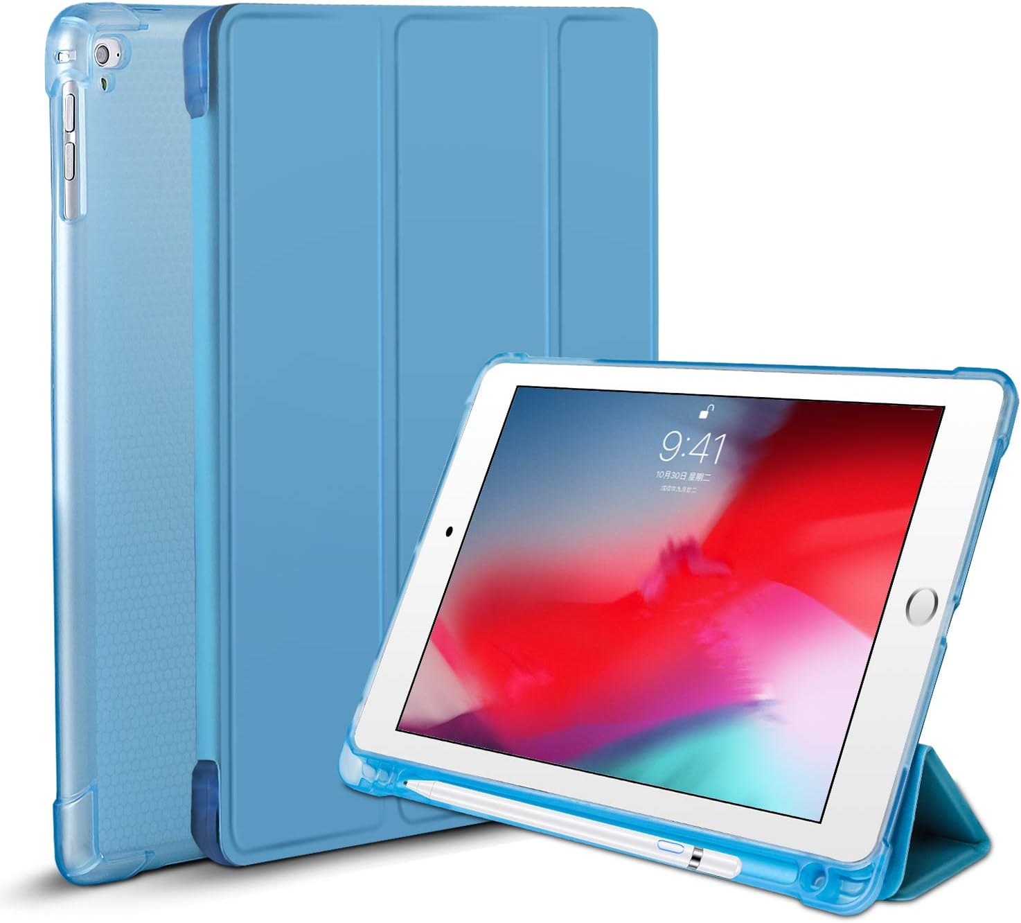 iPad Case 6th Generation with Pencil Holder, Soft TPU Back Protective Cover & Auto Wake/Sleep for iPad 9.7 inch 2017/2018 (Light Blue)