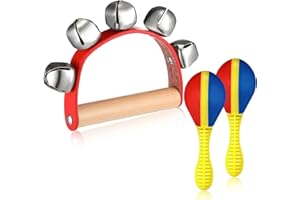 Suilung 3 Pieces Tambourine Maracas Set Wooden Hand Sleigh Bells Tambourine Bell Maracas Shaking Rattle Musical Instrument Set