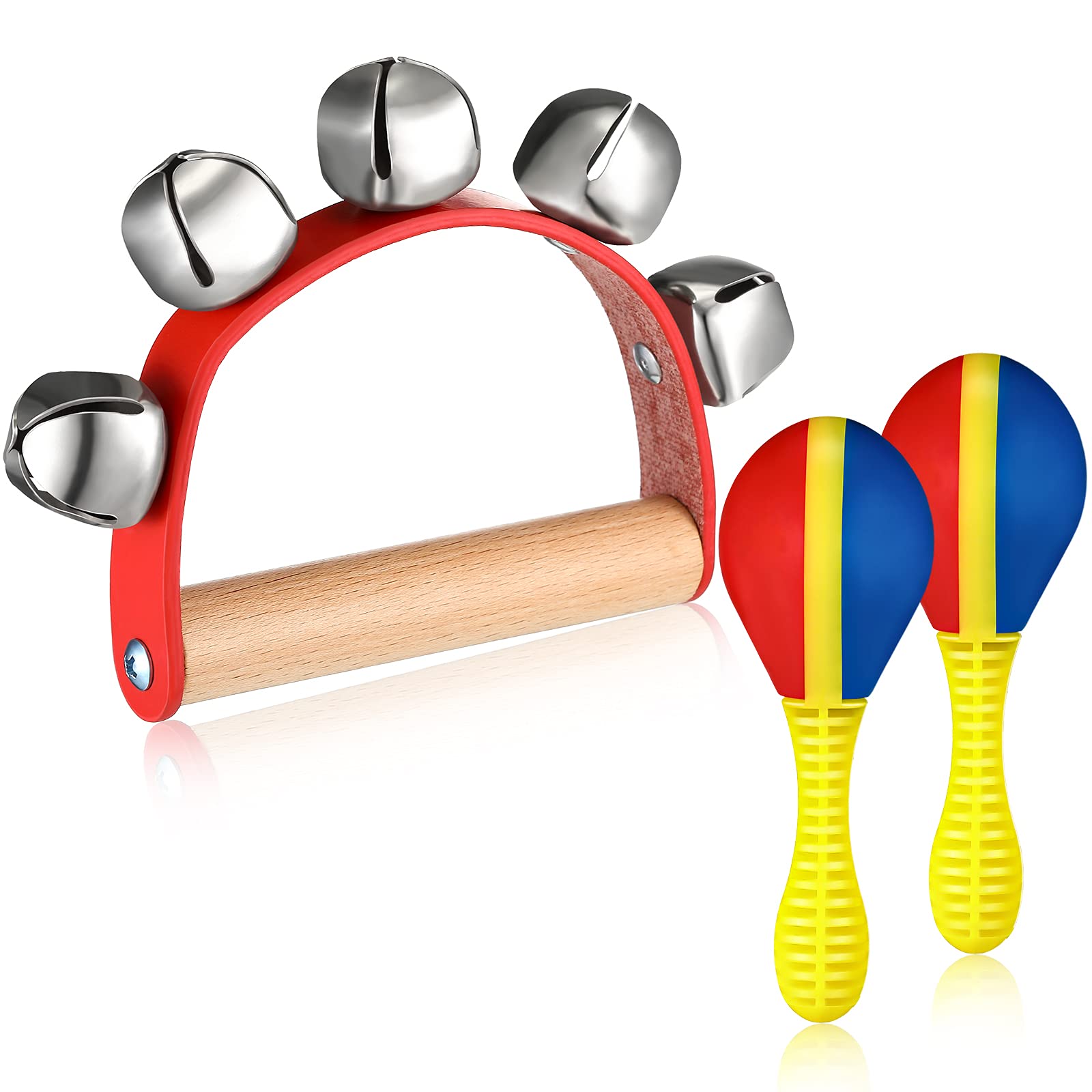 Photo 1 of Suilung 3 Pieces Tambourine Maracas Set Wooden Hand Sleigh Bells Tambourine Bell Maracas Shaking Rattle Musical Instrument Set