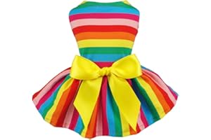 Fitwarm Rainbow Striped Dog Dress, Summer Dog Clothes for Small Dogs Girl, Pet Cat Outfit, 100% Breathable Cotton, Red Yellow Blue, Large