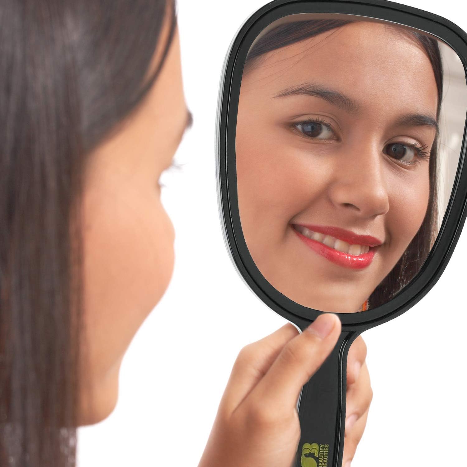 BeautifyBeauties Handheld Hand Mirror (5 x 11 Inches) for Salon, Barbershops, Self Haircut, Hairdressing & Makeup –Vanity Cosmetic Travel Mirror with Handle - Portable & Compact - Black: Home & Kitchen