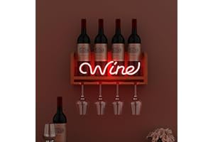 CoolGift Mart Light Up Wine Rack with Glass Holder Wall Mount, Wooden Wine Bottle Holder with Wine Neon Sign, Wall Decor, Gif