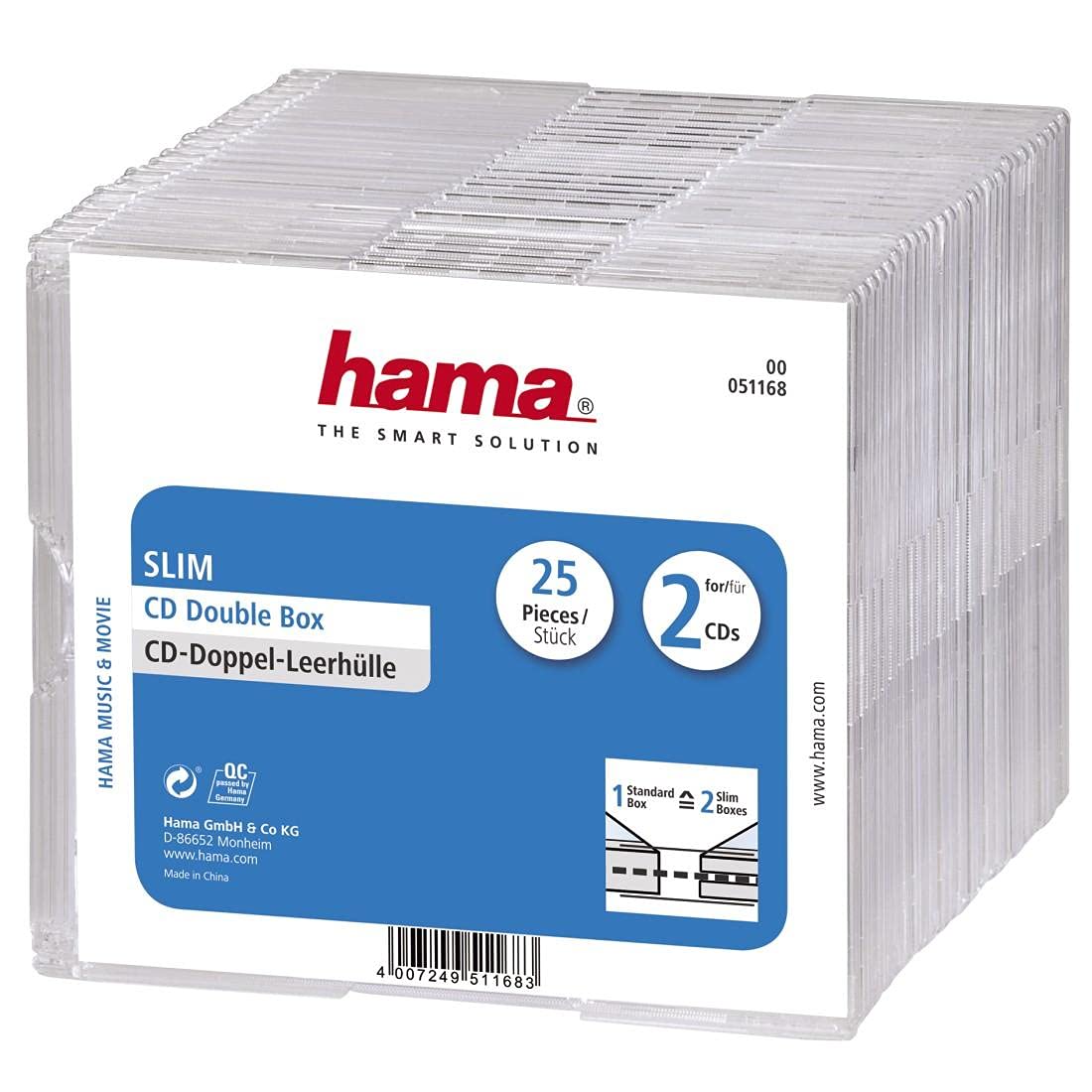 Hama Slim Double DVD/CD Cases | Pack of 25 | Space Saving | Transparent