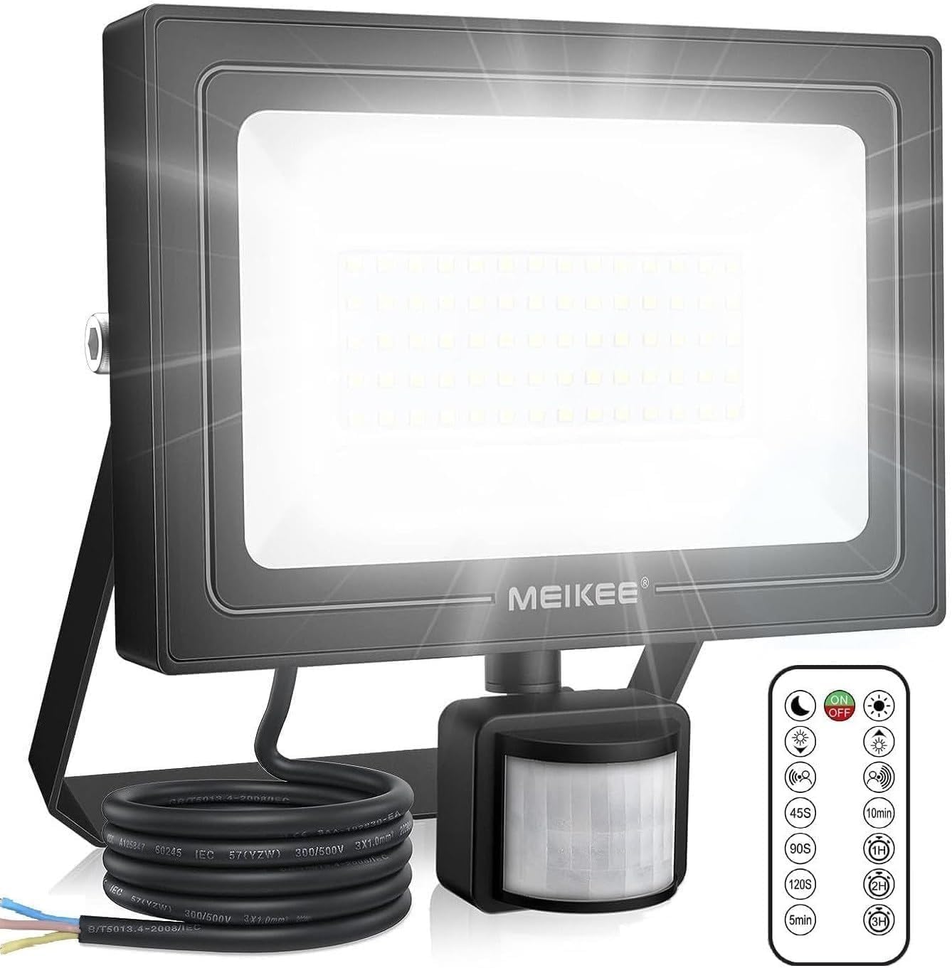 MEIKEE 35W Security Lights with Motion Sensor 3 Working Modes Stepless Brightness 3000 Lumen Adjustable 12m PIR Detection IP66 Waterproof Perfect for Garage Garden Forecourt with Remote Control