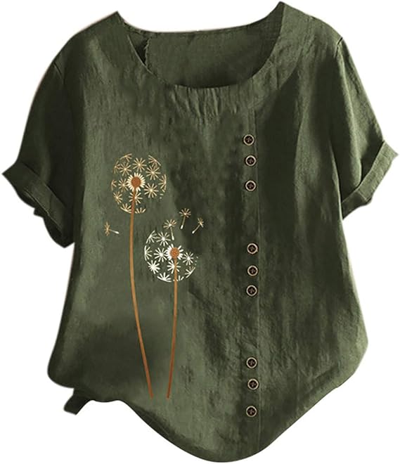 Amazon レディース Tシャツ トップス おおきいサイズ 半袖 丸首コットンとリネン 花柄 学生 洋服 夏服 ワイシャツ 綿100 流行り ブラウス 快適な ゆったり 柔らかい かっこいい カジュアル シンプル オシャレ 春夏秋 お出かけ シャツ ブラウス 通販