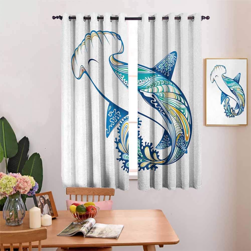 FOEYESEE Extra Long Curtains Abstract Hammer Head Shark Ornate Underwater Sea Ocean Life Animals Marine Blue Aqua White Window Treatment for Living Room 63x63 Inch