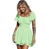 EXLURA Women's 2026 Summer Ruffle Short Sleeve Tie Back Romper Dress Square Neck A Line Cute Dressy Short Jumpsuits