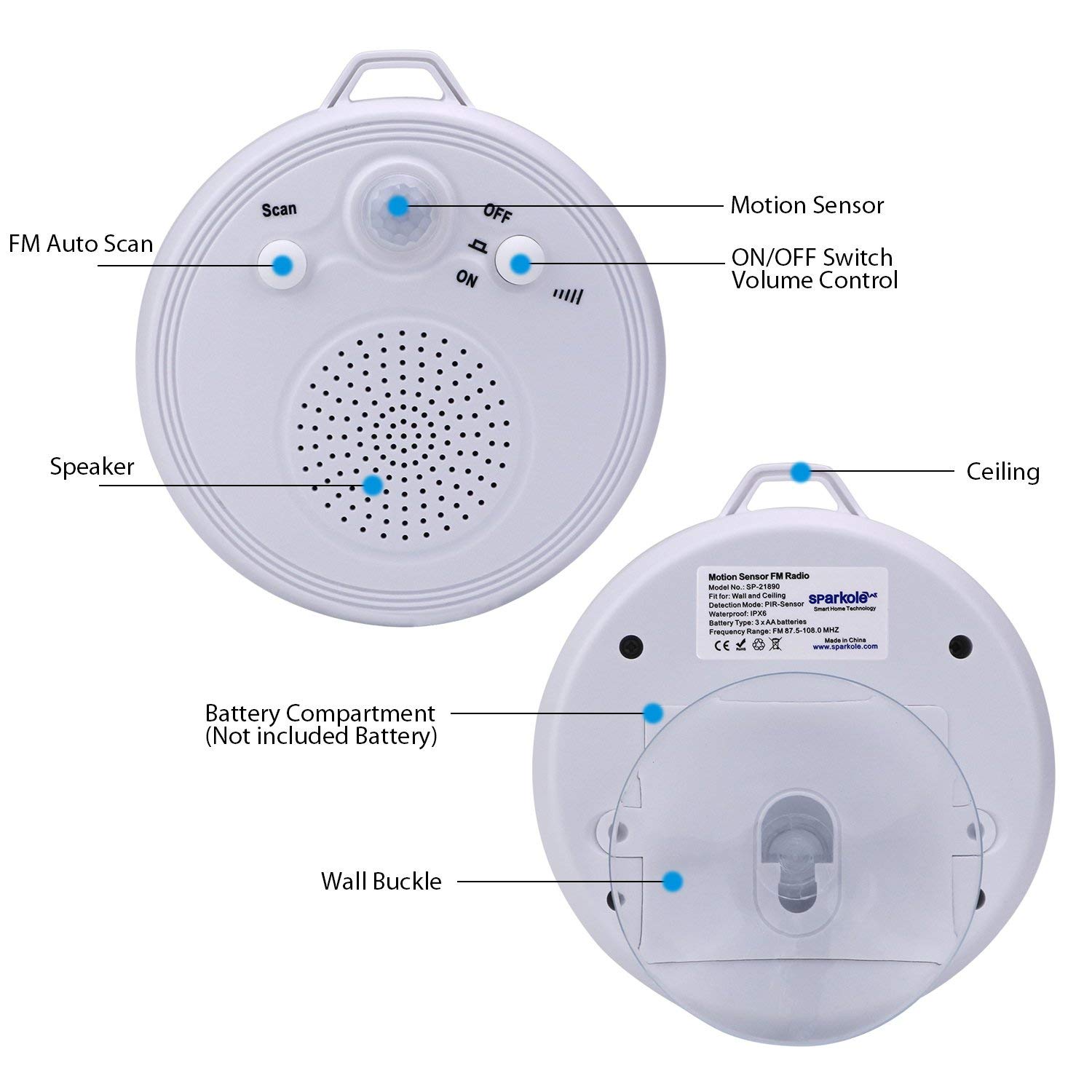 Waterproof Ipx6 Sparkole Portable Motion Sensor Fm Radio Bathroom