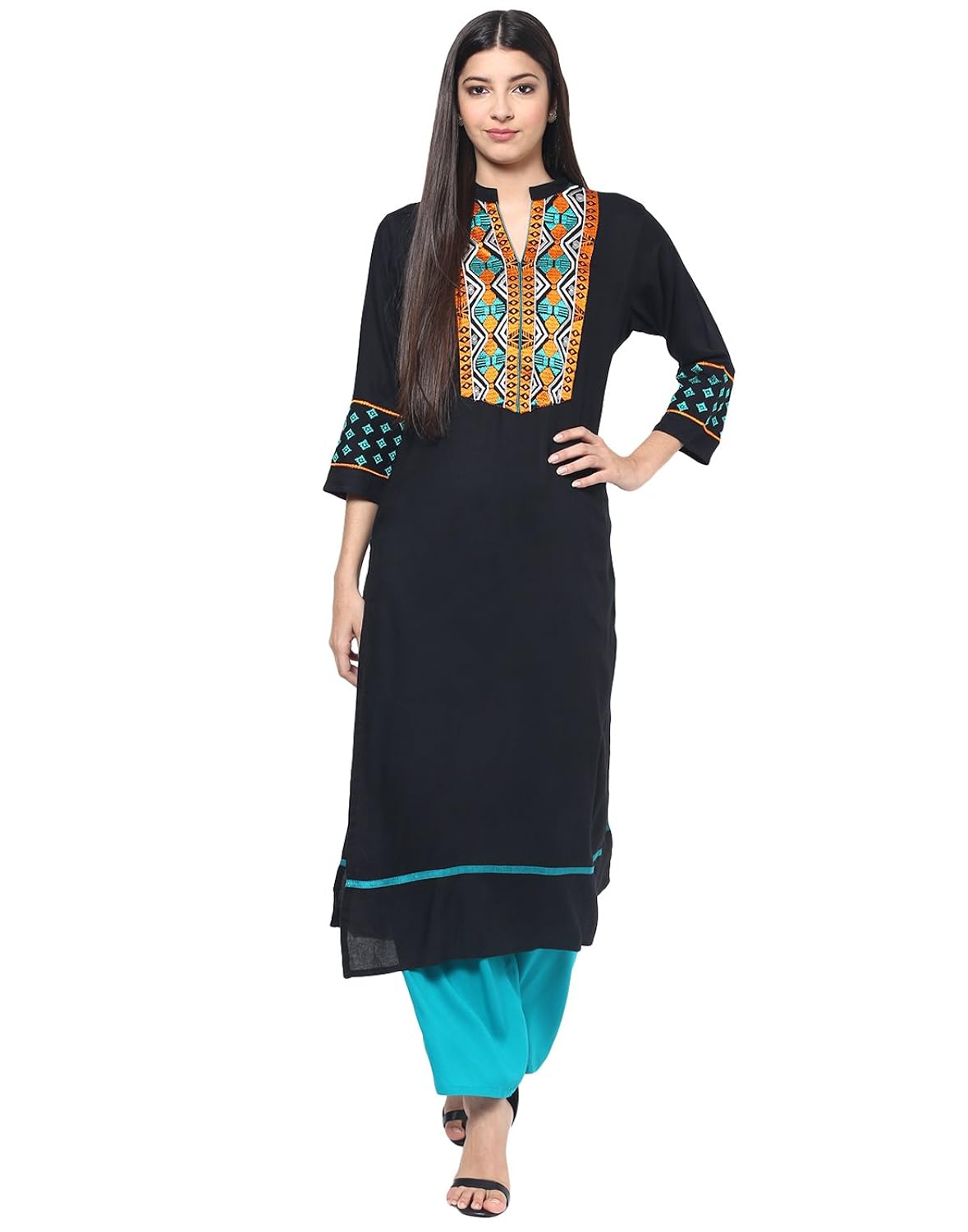 jaipur kurti rayon black & turquoise embroidered kurta and palazzo set