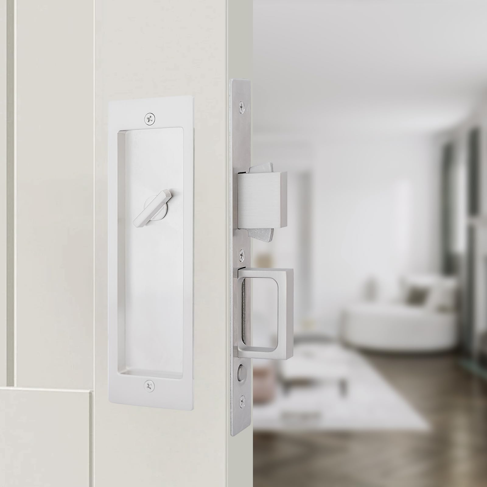 HOCONNIE Recessed Pocket Door Handle with Key Sliding Door Lock and Pull Invisible Pocket Door Lock Hidden Edge Pull Mortise Lock 190mm (Silver)