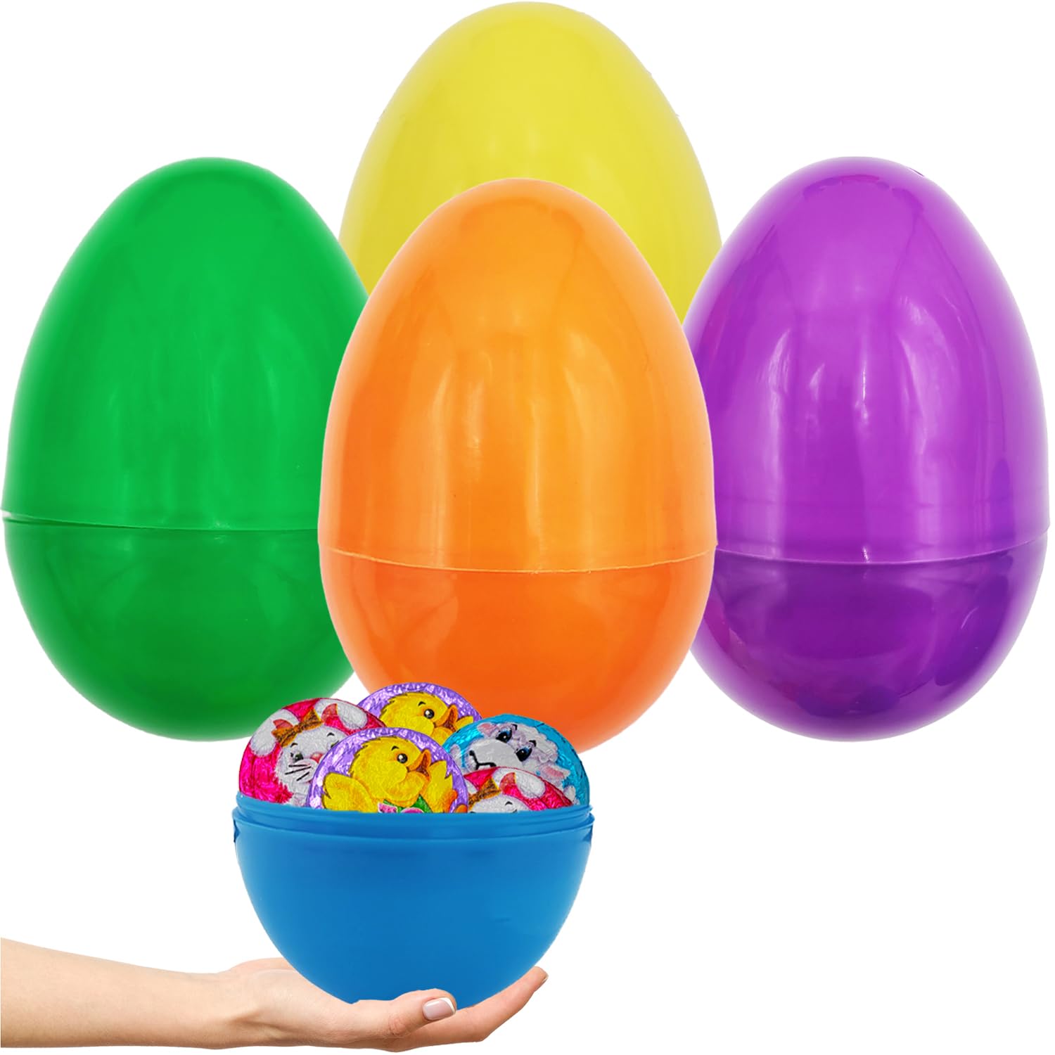 The Dreidel Company 4-Pack Massive 8" Inch Multicolor Fillable Easter Eggs Colorful Bright Plastic, Stands Upright, Perfect for Surprise, Easter Hunt, Assorted Colors, 8" Giant Fillable Eggs (4-Pack)
