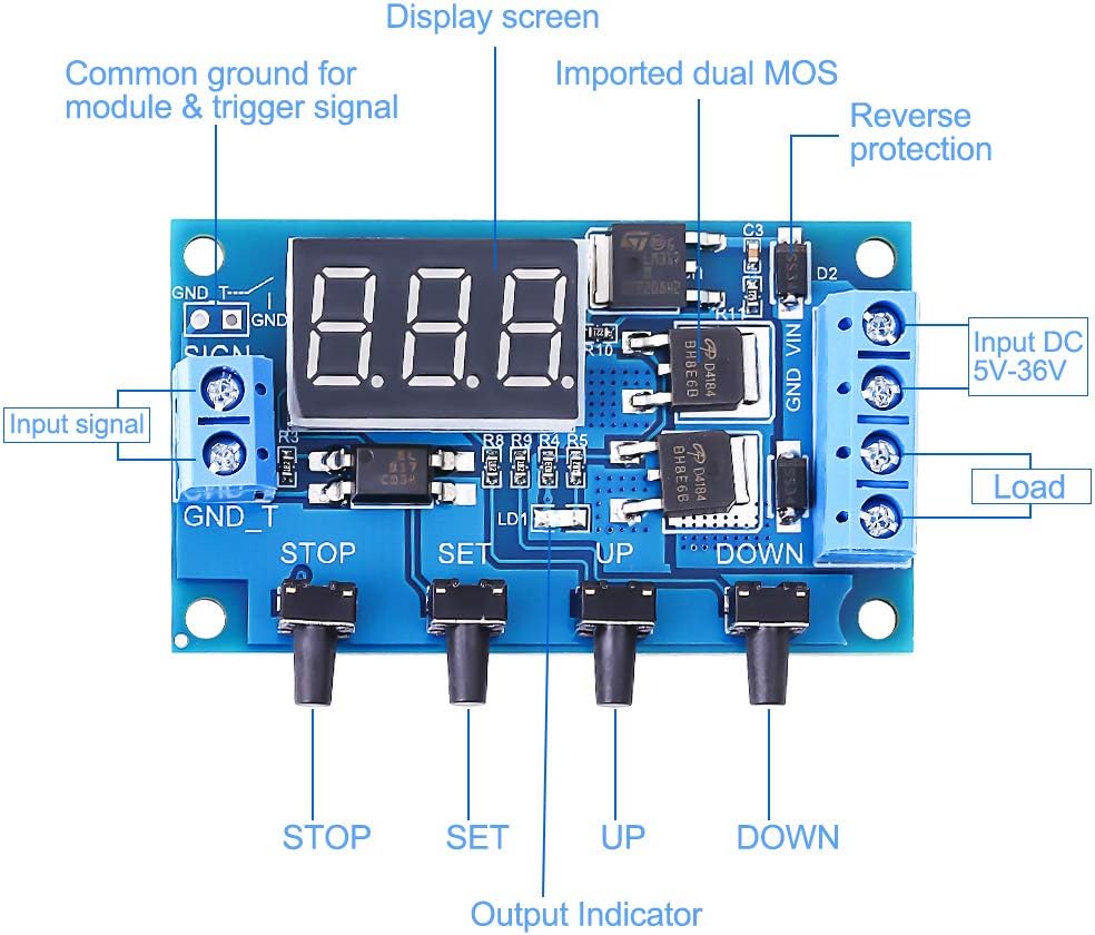 PEMENOL DC 5-36V Timer Relay LED Digital Triggering Cycle Time Delay Relay Module Dual MOS Control Timing Delay Relay Module with Protective Case - Image 3