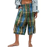 chouyatou Women's Retro Plaid Wide Leg Cropped Pants Y2k Baggy Culottes Capri Palazzo Pants with Pockets