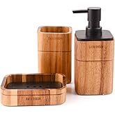 Satu Brown Bathroom Accessory Set Acacia Wood 3 Pieces Includes Bathroom Soap Dispenser, Bathroom Tumbler, Soap Dish Accessories for Bathroom Decor and House Warming Gift