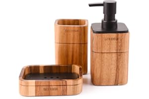 Satu Brown Bathroom Accessory Set Acacia Wood 3 Pieces Includes Bathroom Soap Dispenser, Bathroom Tumbler, Soap Dish Accessor