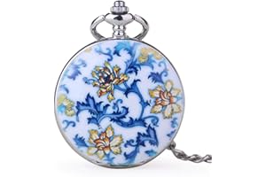 Whodoit Retro and Classical Design Green Flower Mechanical Pocket Watch, Roman Digital Dial Men's Mechanical Pocket Watch