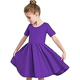 Stelle Girls Short Sleeve Dress Summer Kids Toddler Skater Twirl A Line Solid Color T-Shirt Dress for School Casual 3-12 Y