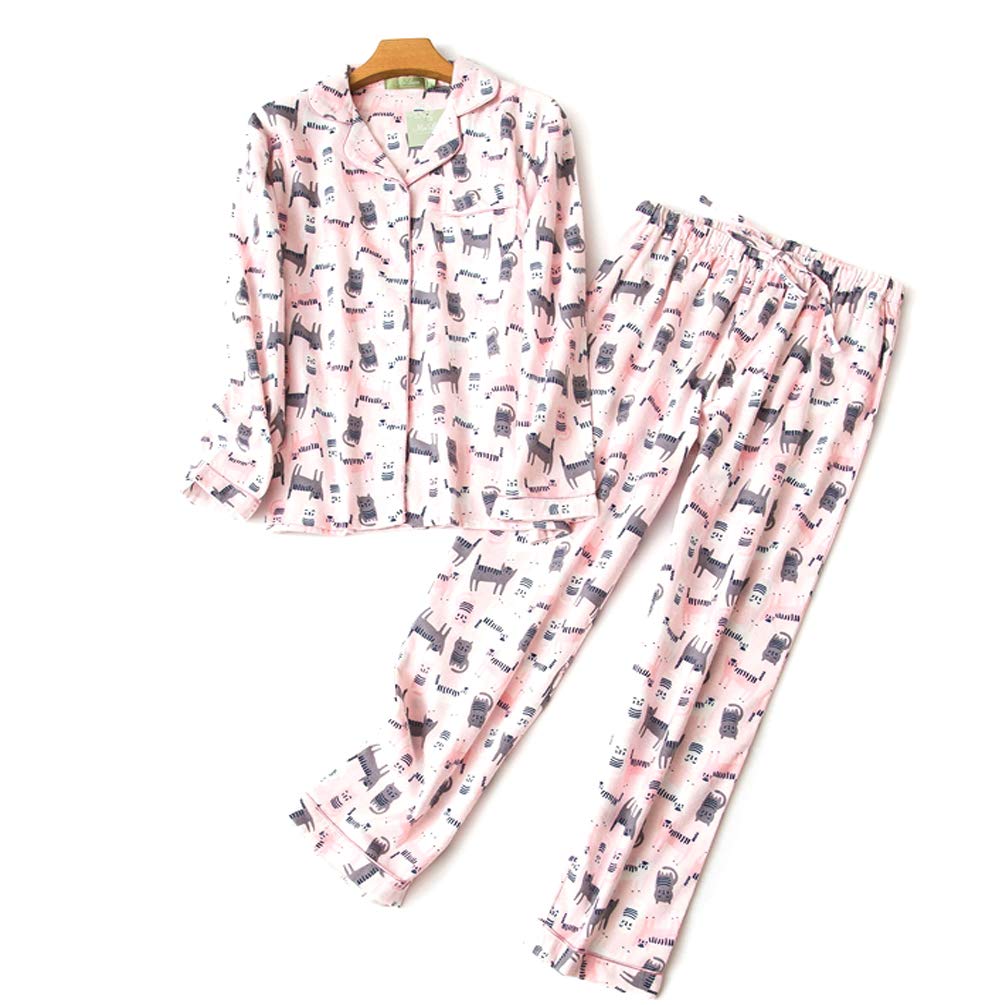 ENJOYNIGHT Women\'s Sleepwear Long Sleeves Print Pajama Set with Pants by (Large, Pink Cat)
