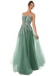 Tulle Eucalyptus Prom Dresses with Slit Spaghetti