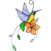 Wkyqes Handmade Stained Glass Hummingbird Suncatcher, Lavender-Purple Bird with Peach-Fuzz Flower Window Hanging Decor, Art Glass Ornament, Unique Gifts for Mom, Bird Lovers & Home Decoration
