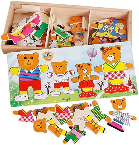 Wooden Bear Family Dress-up Jigsaw Puzzles Educational Toys Bear Change Clothes Games Play Set for Kids Toddlers 72 Pieces
