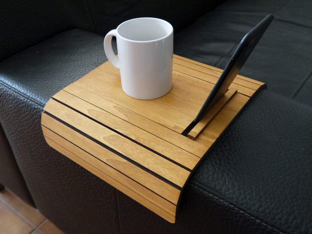 Wooden sofa arm table with mobile and ebook reader stand in
