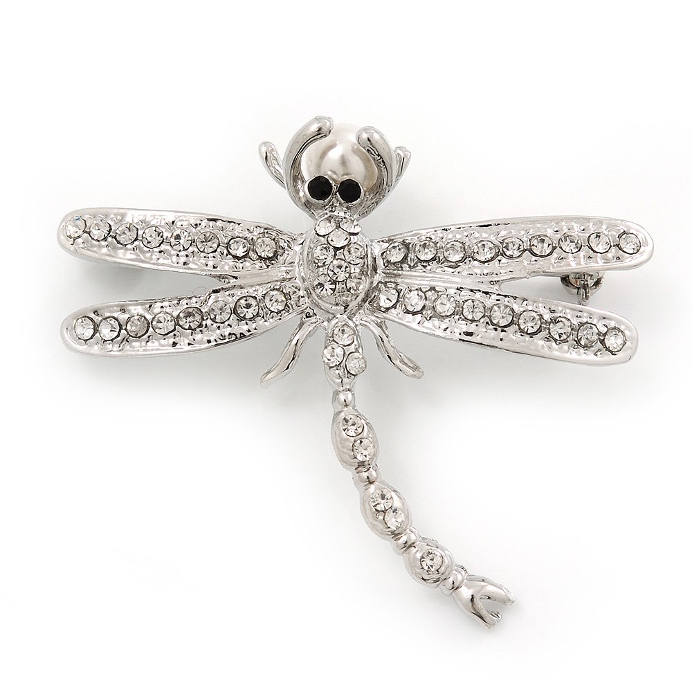 Clear Crystal 'Dragonfly With Simulated Pearl' Brooch In Silver Plated Metal - 6cm Length