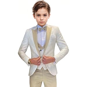 DHTS Boys Tuxedo Suit Slim Fit Jacquard Dress Suits for Kids 4 Piece Set | Jacket pants vest, bow tie, formal suits for boy t