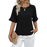 EVALESS Womens T Shirts Cute Ruffle Short Sleeve Crewneck Casual Linen Tops 2026 Summer Fashion Clothes