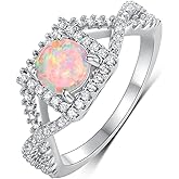 Gemsme 18K White Gold Plated Square White Fire Opal Ring Halo Engagement Birthstone Rings for Women