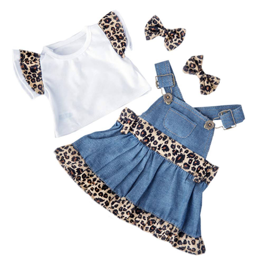 Denim & Leopard print top dress & ear bows / teddy bear clothes to fit Build a Bear