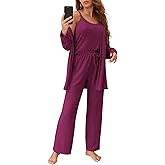 Fessceruna Womens 3 Piece Pajama Set Cami Tank Top Wide Leg Pants and Cardigan Loungewear Lounge Sets Purple