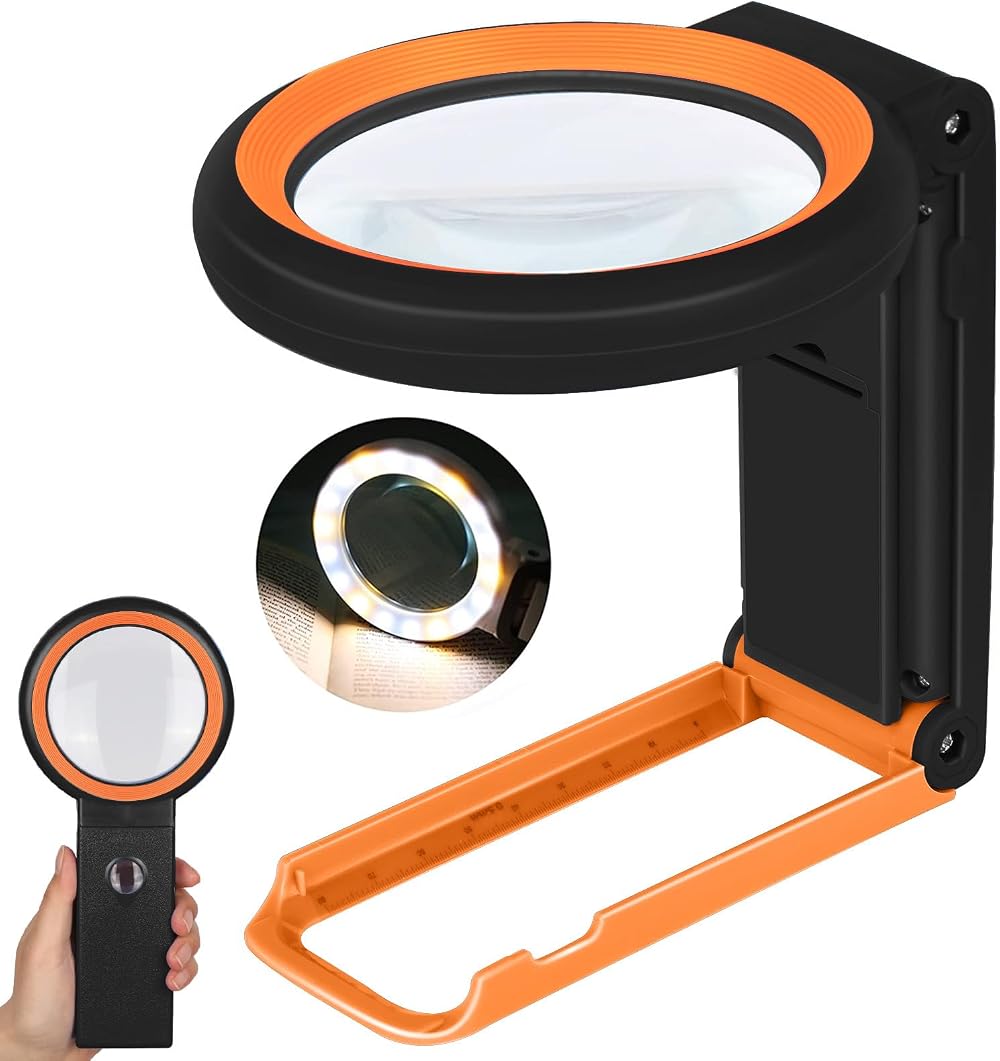 KIBTOY Magnifying Glass with Light and Stand 18 LEDs Folding Handheld Black