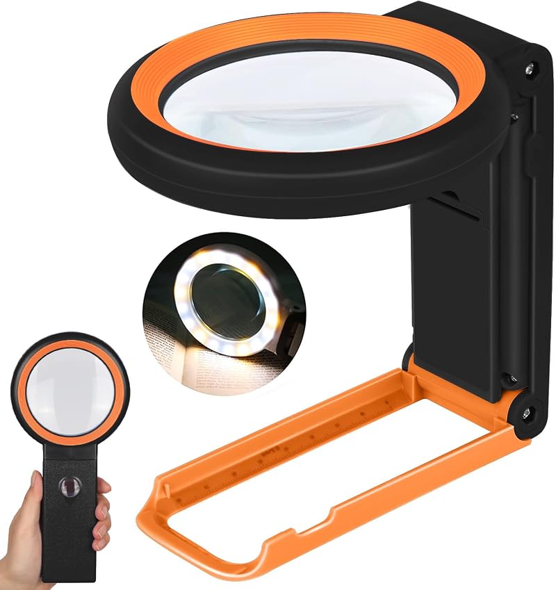 KIBTOY Magnifying Glass with Light and Stand 18 LEDs Folding Handheld Black