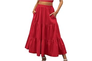 Women Maxi Boho Skirts Summer Trendy Beach Long Skirt Tiered Flowy Ruffle Skirts Casual Vacation Skirt with Pocket