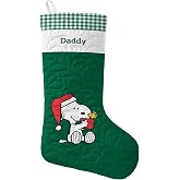 Let's Make Memories Personalized Christmas Stocking for Families - Quilted - Merry Mantel - Peanuts Characters - Snoopy with Woodstock Present Design - Green