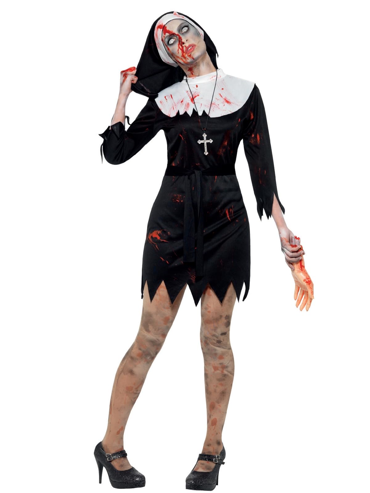 Smiffys Zombie Sister Costume for Women, Black Horror Nun Outfit Dress, Belt Headpiece, Scary Undead Religious Fancy Dress Adults, Halloween, Horror Parties Zombie Themed Events, XSmall