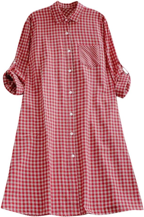 ANBOO Loose Shirt Dress, Women's Casual Plaid Plus Size Tunic Button Down Long Sleeve Pocket Shirt Dress (XL, Red)