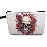 YULUENZE Gothic Floral Skull Print Small Cosmetic Bag | Cute Padded Makeup Organizer Zipper Pouch, Gothic Floral Skull Halloween Themed Present for Women Friends