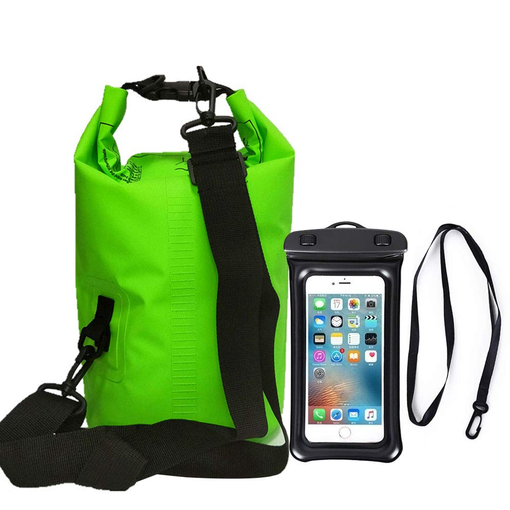 10L Waterproof Drying Bag, Adjustable Shoulder Strap Water Drifting Bucket Bag + Oversized Waterproof Phone Case, Suitable for Kayaking/Boating/Canoeing/Fishing (Green)