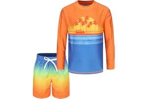 AISYEE Boys Two Piece Rash Guard Swimsuits Set with Swim Trunk Kids Long Sleeve Bathing Suit Swimwear Set