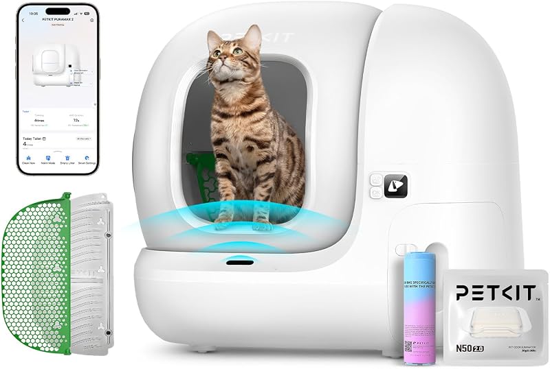 Pura Max 2 Litiere Chat Autonettoyante, Bac à Litière Autonettoyante Amélioré, Anti-fuites/Anti-pincement/xSecure/Contrôle APP/pour Plusieurs Chats(Pas de Déodorant en Spray ou en Tampon)