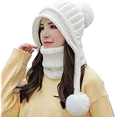 Women Winter Beanie Hat Circle Scarf Set Pompoms Peruvian Ski Snow Ear Flaps Cold Weather Warm Sherpa Knit Hats Fleece Lined