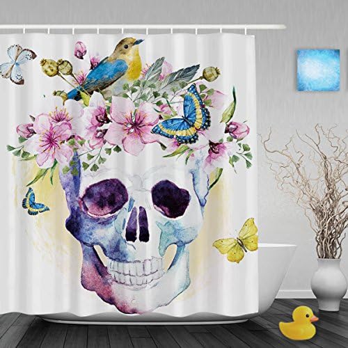 Skull With Blooming Flower Birds Bathroom Shower Curtains Beautiful Dead For Halloween Decor Shower Curtain Mildew And Fade Resistant Ployster Fabric 72"x66"Inch