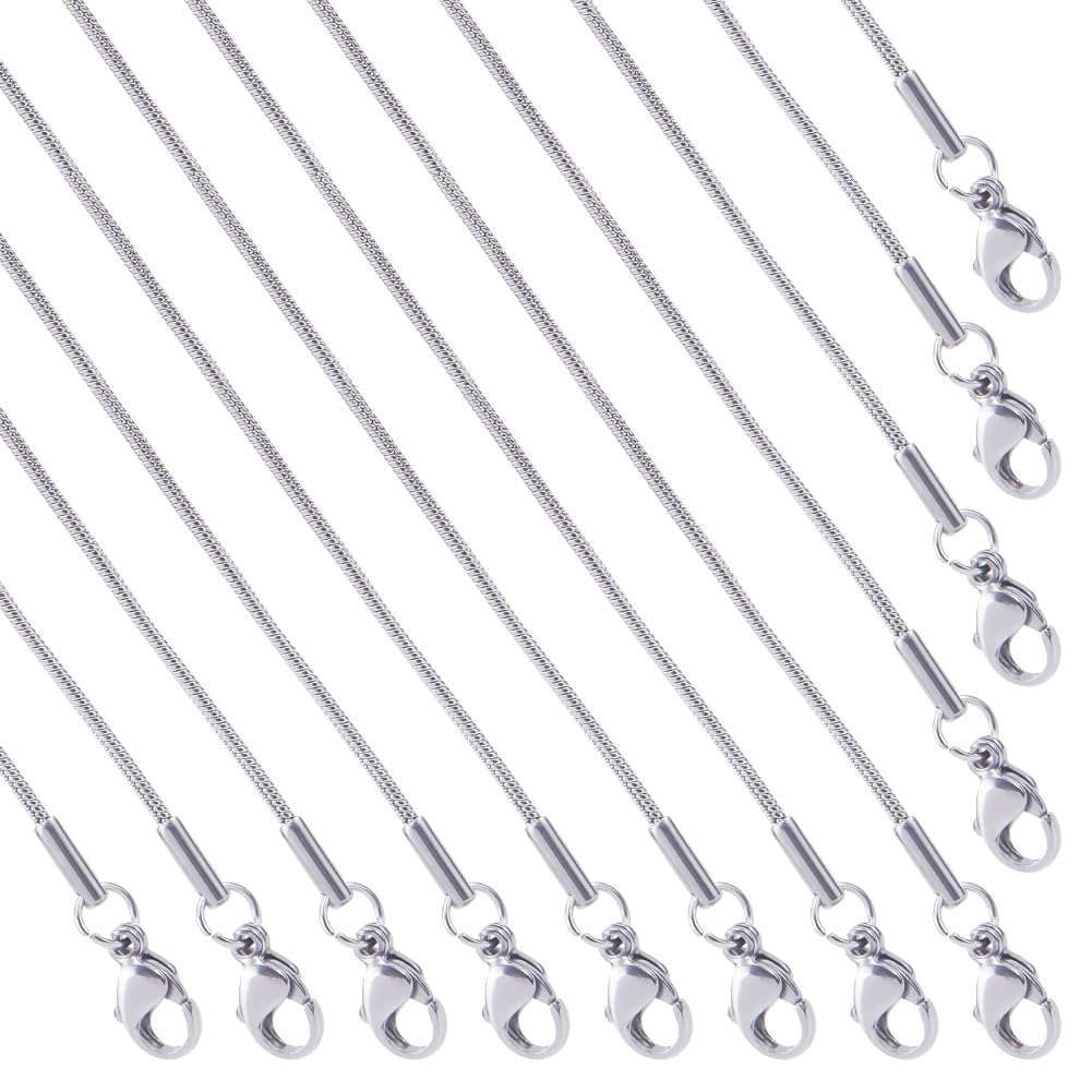 SUNNYCLUE 12 PACK 20 Inch/ 0.5m 1mm Stainless Steel Snake Chain Necklace Bulk Silver Necklace Making Metal Lobster Claw Clasps Link Chains Necklaces for jewellery Making Supplies Women Adult Diy Craft