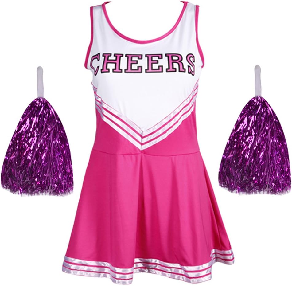 CWLN005a COLLEGE SPORTS Pink High School Cheerleader Ladies Girls Fancy Dress Costume Outfit Size L With POM POM