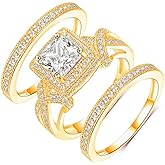 MDFUN Three-In-One Square Wedding Engagement Ring,18K Gold Plated Cubic Zirconia Promise Eternity Ring Set for Women